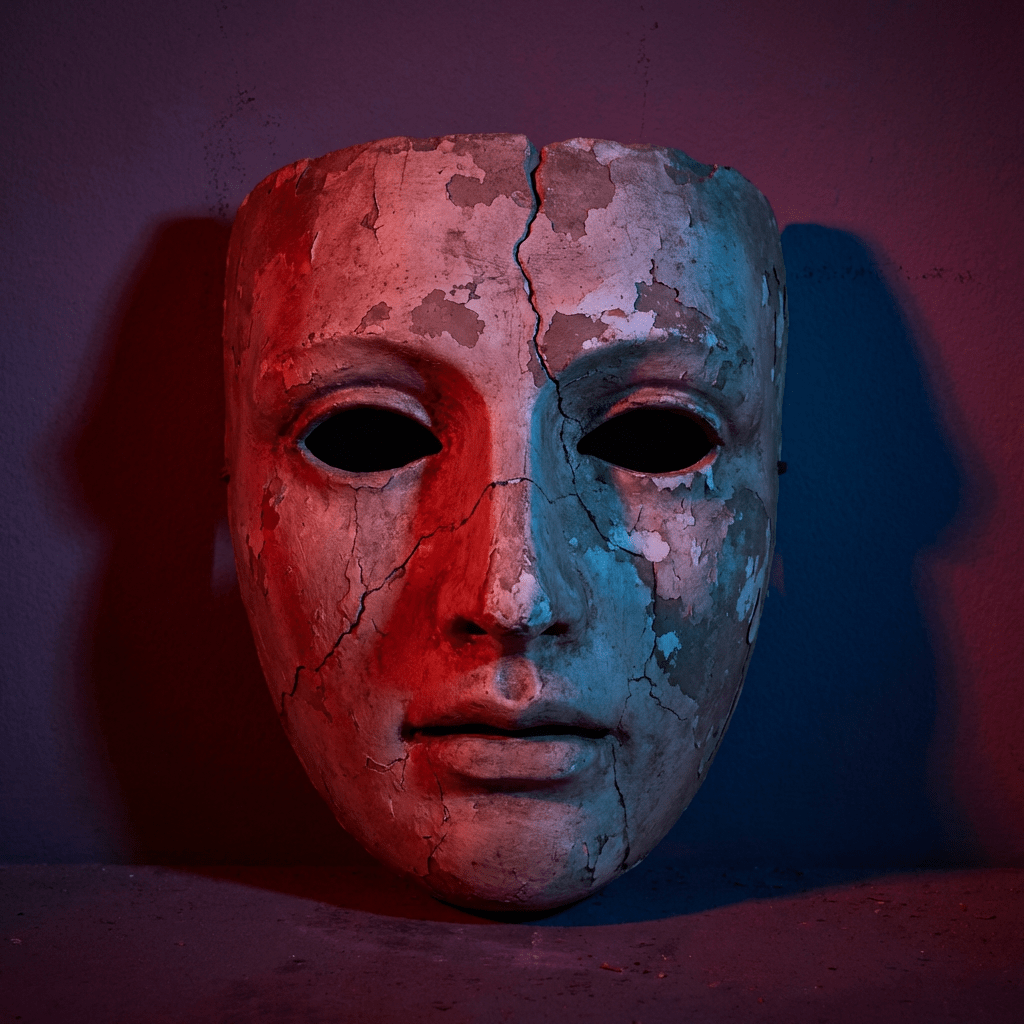 A weathered, cracked human face mask illuminated with dramatic red and blue lighting.
